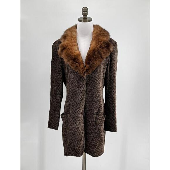 Donna Karan Vintage Brown Chenille Fur Collar Sweater Coat Sz 12 Union Made